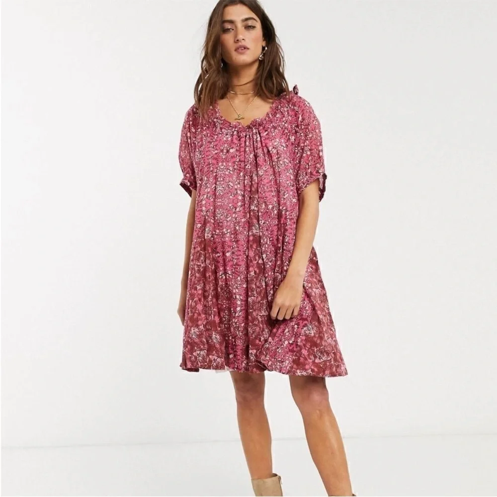 Free People Jet SetBardot Floral Printed Babydoll Oversized Mini Dress XS NWOT - Picture 3 of 8